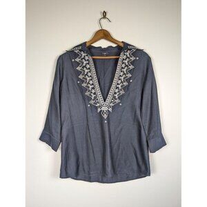 Talbots Top Size 12 Embroidered Silk Blend 3/4 Sleeve Tunic Boho Moroccan Artsy‎
